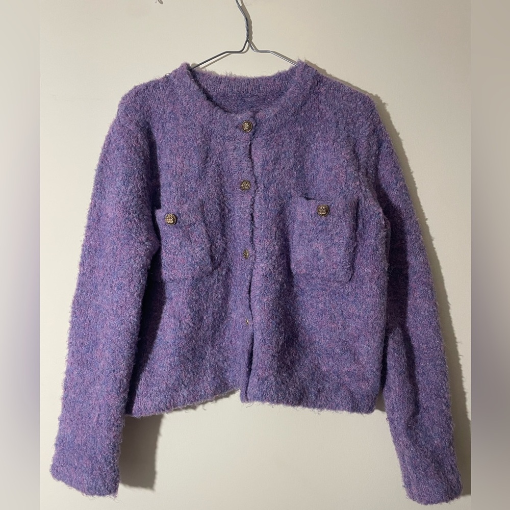SomeSome Lavender Bouclé Cropped Cardigan Jacket – Free Size Fits US L–XL - Picture 2 of 7
